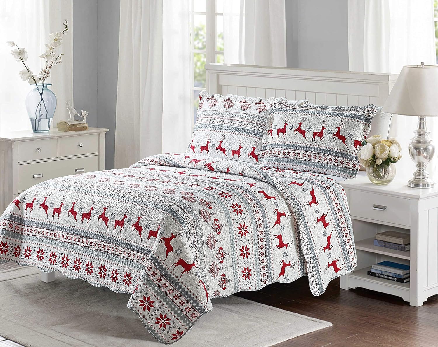 Decorkart Rich Printed Embossed Pinsonic Coverlet Bedspread Ultra Soft 3 Piece Summer Christmas Quilt Set with 2 Quilted Shams, Xmas Deer Pattern