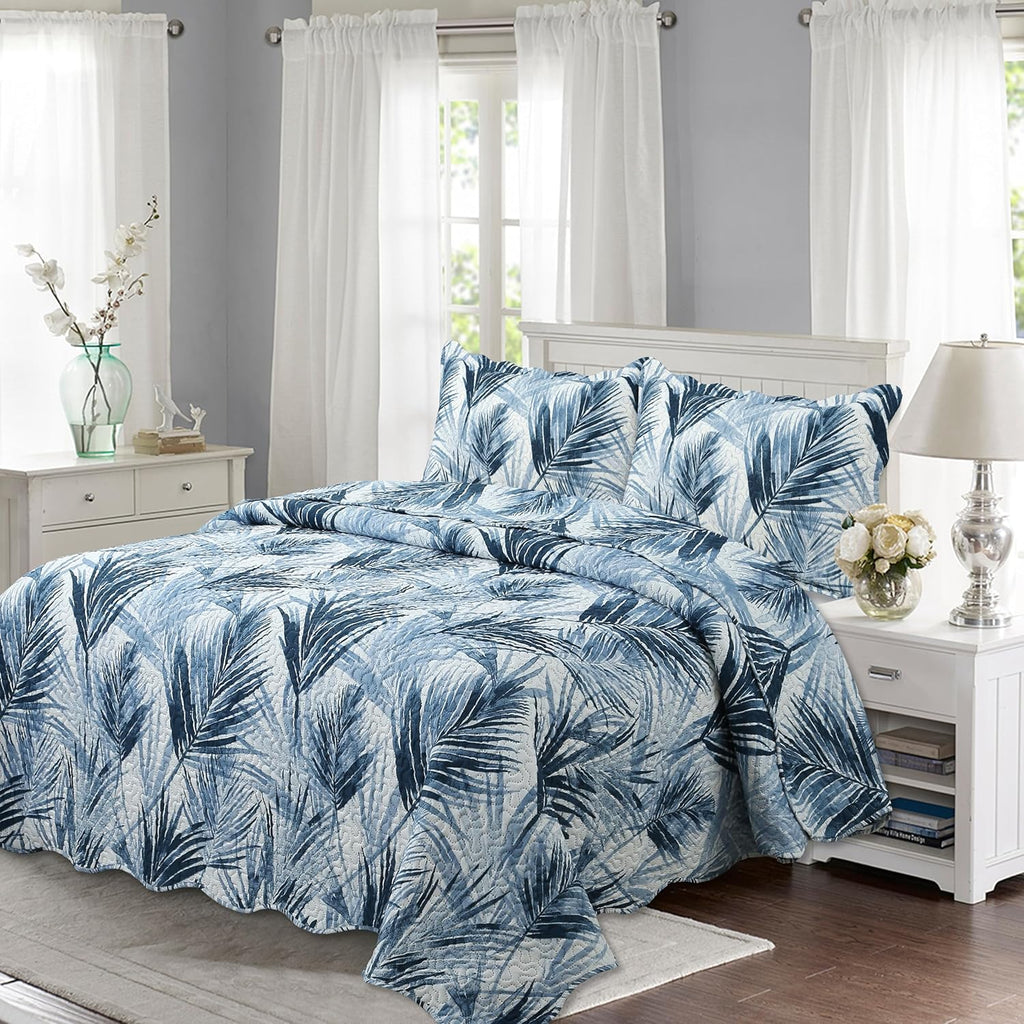 Decorkart Rich Printed Embossed Pinsonic Coverlet Bedspread Ultra Soft 3 Piece Summer Quilt Set with 2 Quilted Shams, Modern Blue Leaves Pattern