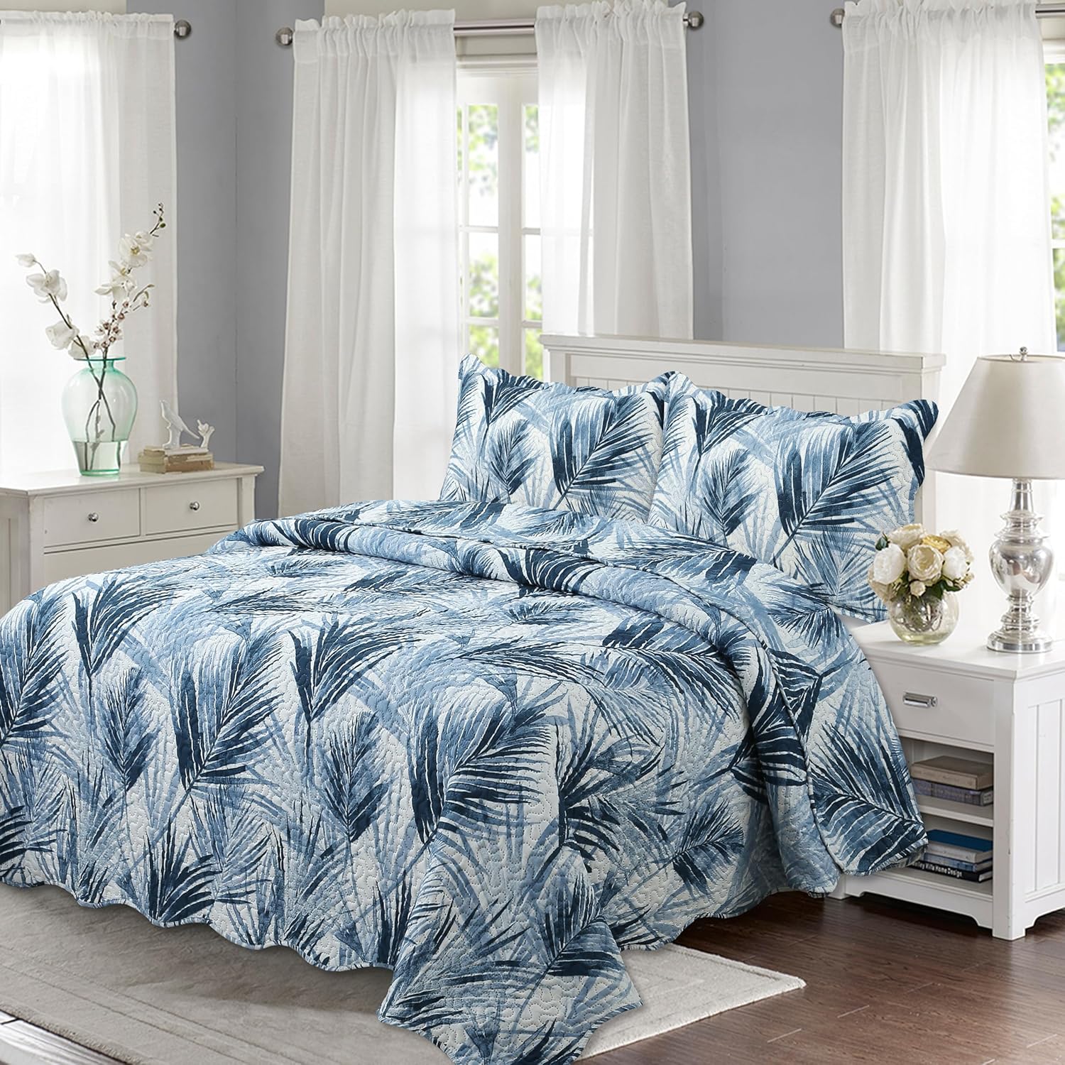 Decorkart Rich Printed Embossed Pinsonic Coverlet Bedspread Ultra Soft 3 Piece Summer Quilt Set with 2 Quilted Shams, Modern Blue Leaves Pattern