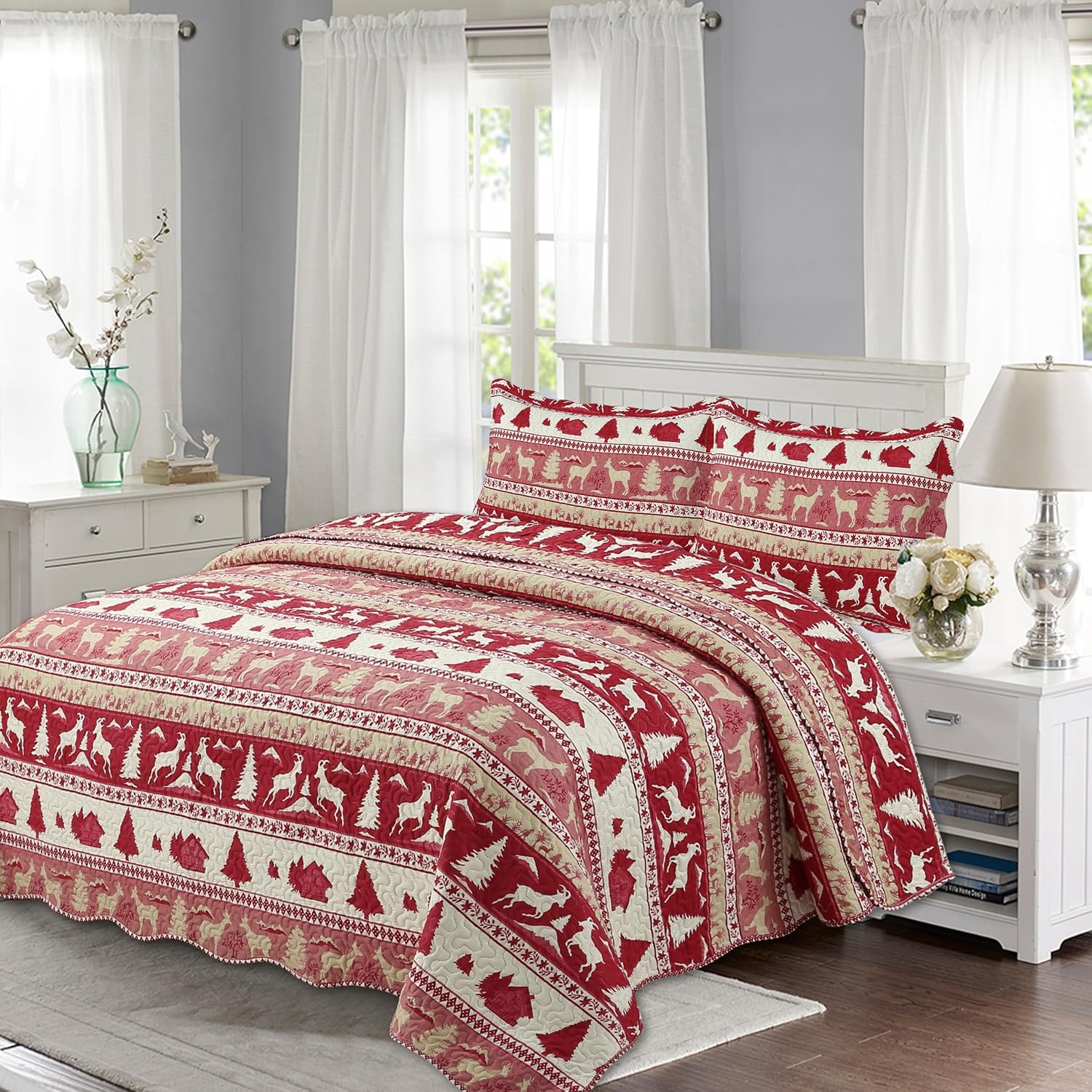 Decorkart Rich Printed Embossed Pinsonic Coverlet Bedspread Ultra Soft Home Bedding 3 Piece Summer Christmas Quilt Set with 2 Quilted Shams, Cabin Red Goat Pattern