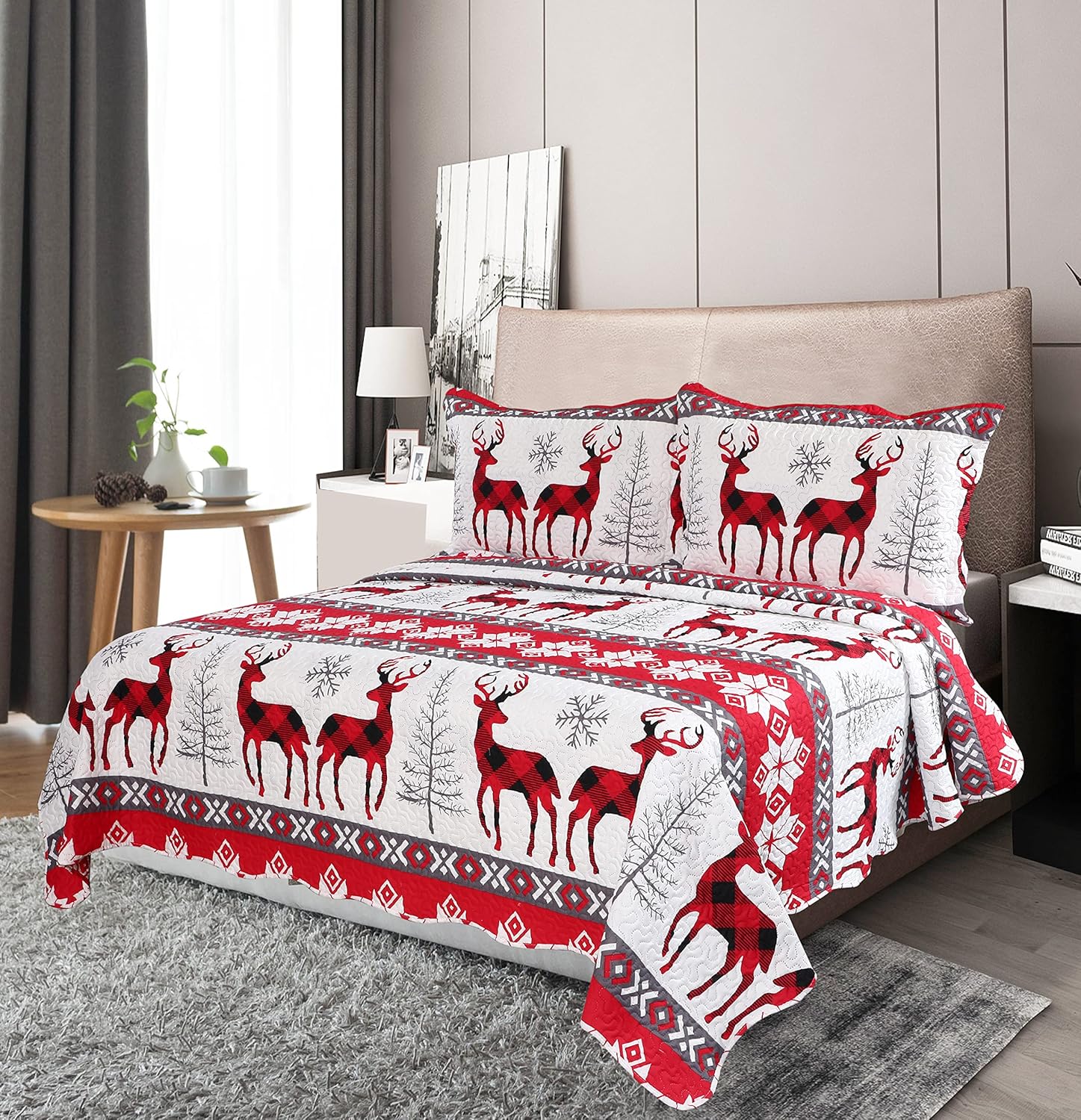Decorkart Rich Printed Embossed Pinsonic Coverlet Bedspread Ultra Soft 3 Piece Summer Christmas Quilt Set with 2 Quilted Shams, Xmas Snowflake and Deer Pattern