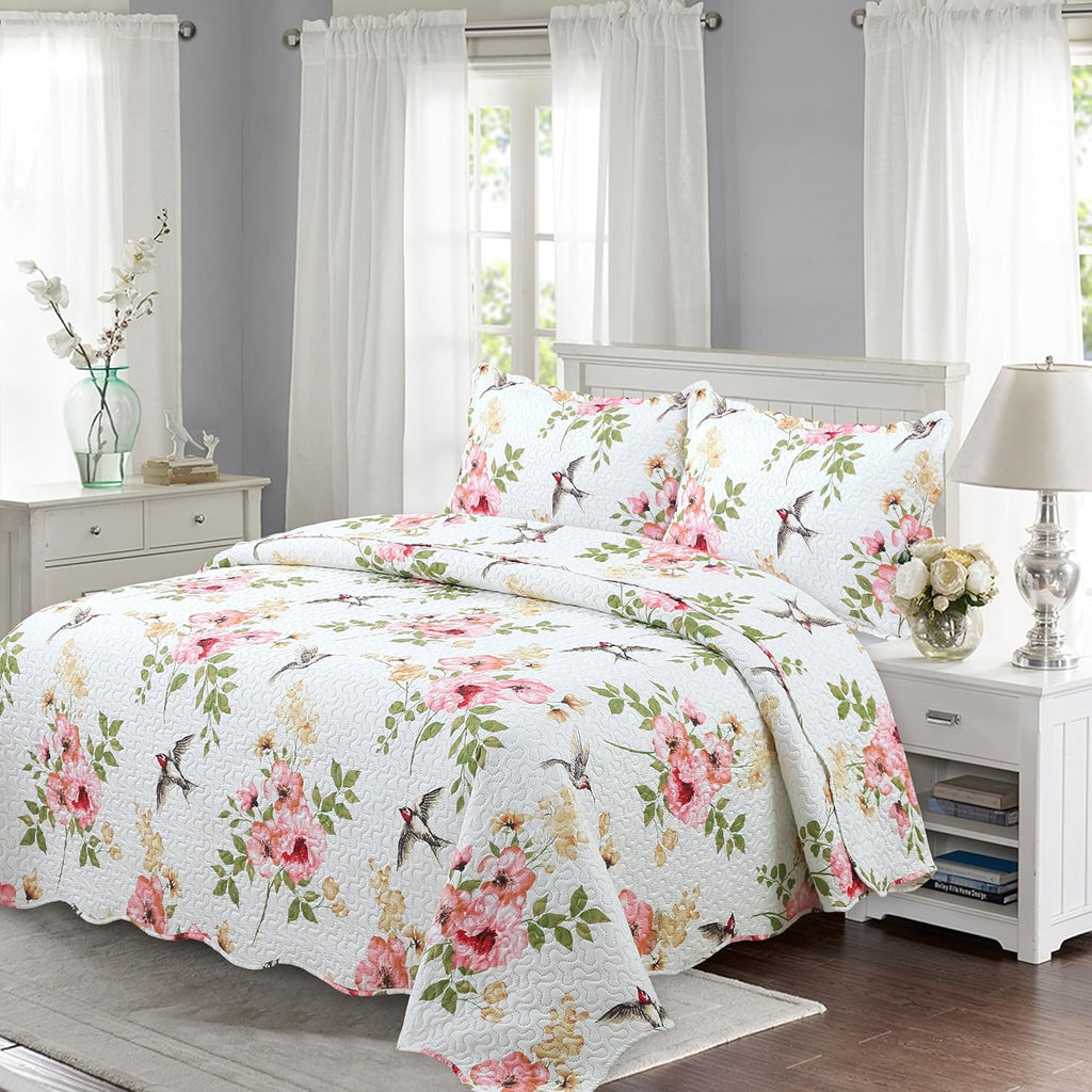 Decorkart Rich Printed Embossed Pinsonic Coverlet Bedspread Ultra Soft 3 Piece Summer Quilt Set with 2 Quilted Shams, Pink Floral and Birds Pattern