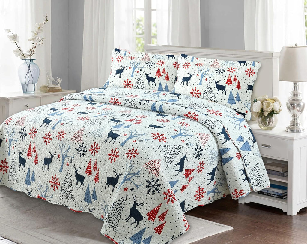 Decorkart Rich Printed Embossed Pinsonic Coverlet Bedspread Ultra Soft 3 Piece Summer Christmas Quilt Set with 2 Quilted Shams, Xmas Reindeer and Tree Pattern