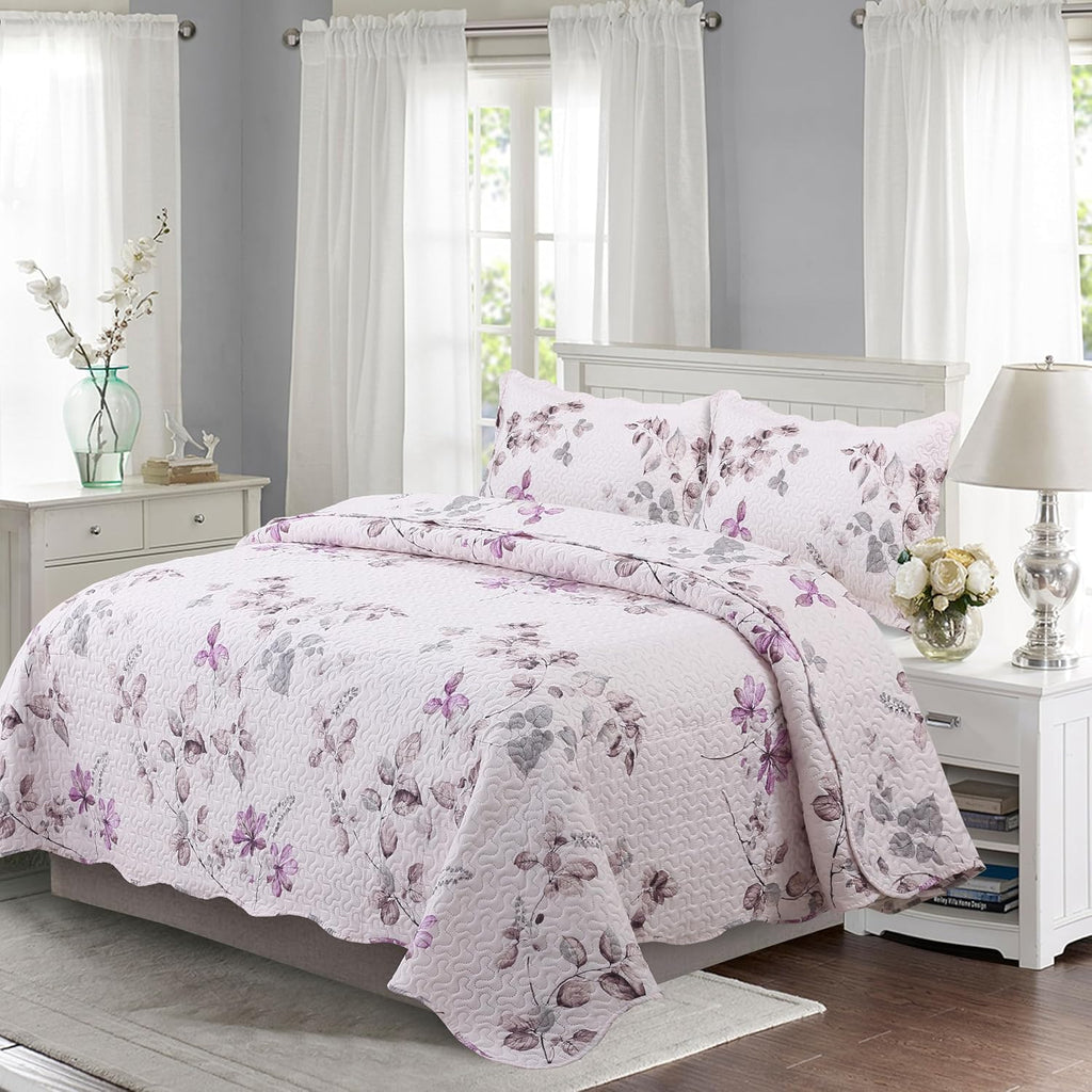 Decorkart Rich Printed Embossed Pinsonic Coverlet Bedspread Ultra Soft Home Bedding 3 Piece Summer Quilt Set with 2 Embossed Shams, Purple Leaves Pink Pattern