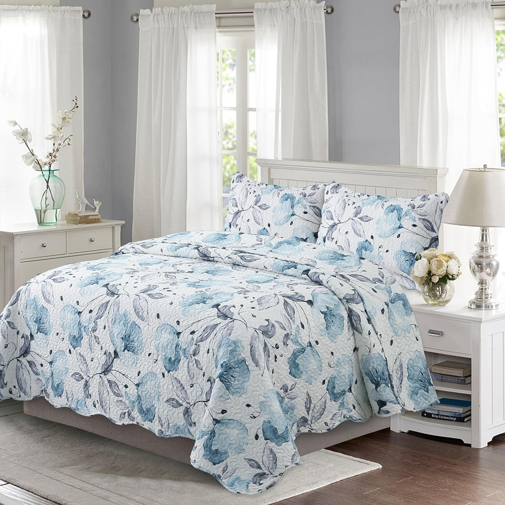 Decorkart Rich Printed Embossed Pinsonic Coverlet Bedspread Ultra Soft Home Bedding 3 Piece Summer Quilt Set with 2 Embossed Shams, Blue Floral Pattern