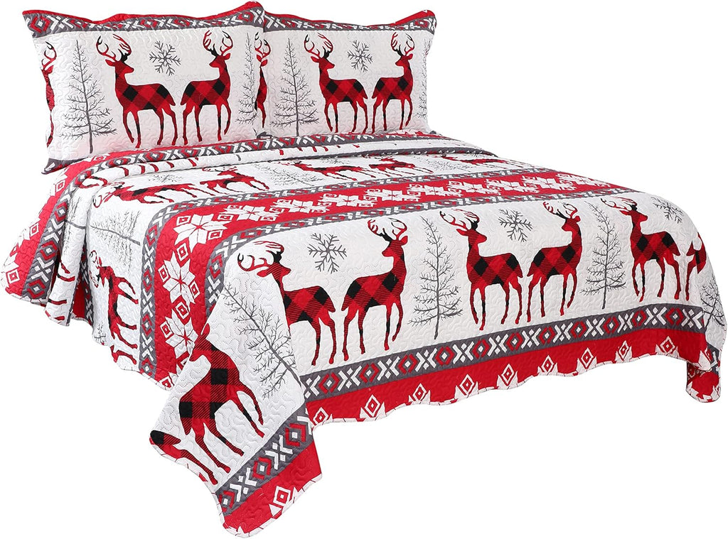 Decorkart Rich Printed Embossed Pinsonic Coverlet Bedspread Ultra Soft 3 Piece Summer Christmas Quilt Set with 2 Quilted Shams, Xmas Snowflake and Deer Pattern