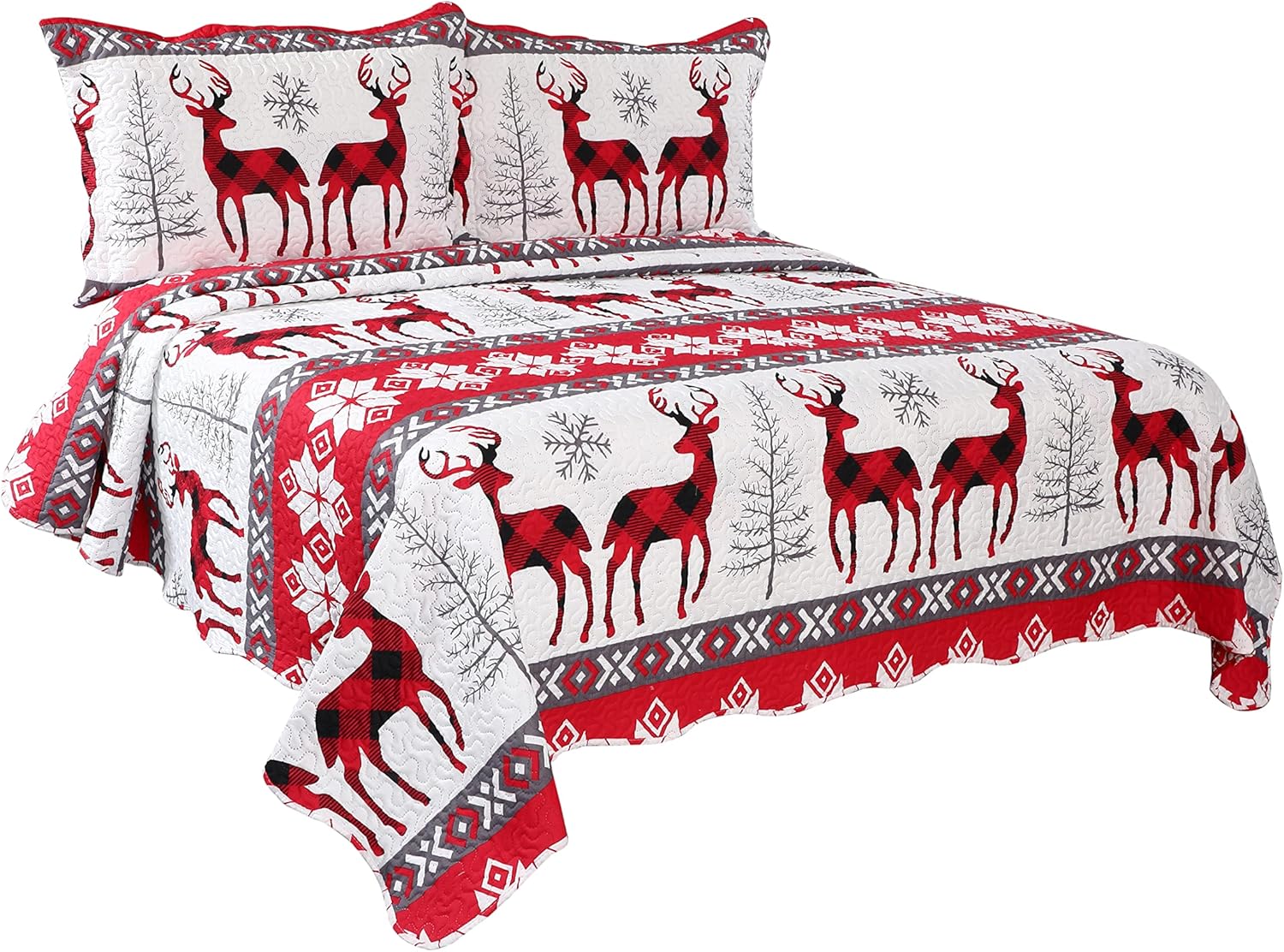 Decorkart Rich Printed Embossed Pinsonic Coverlet Bedspread Ultra Soft 3 Piece Summer Christmas Quilt Set with 2 Quilted Shams, Xmas Snowflake and Deer Pattern