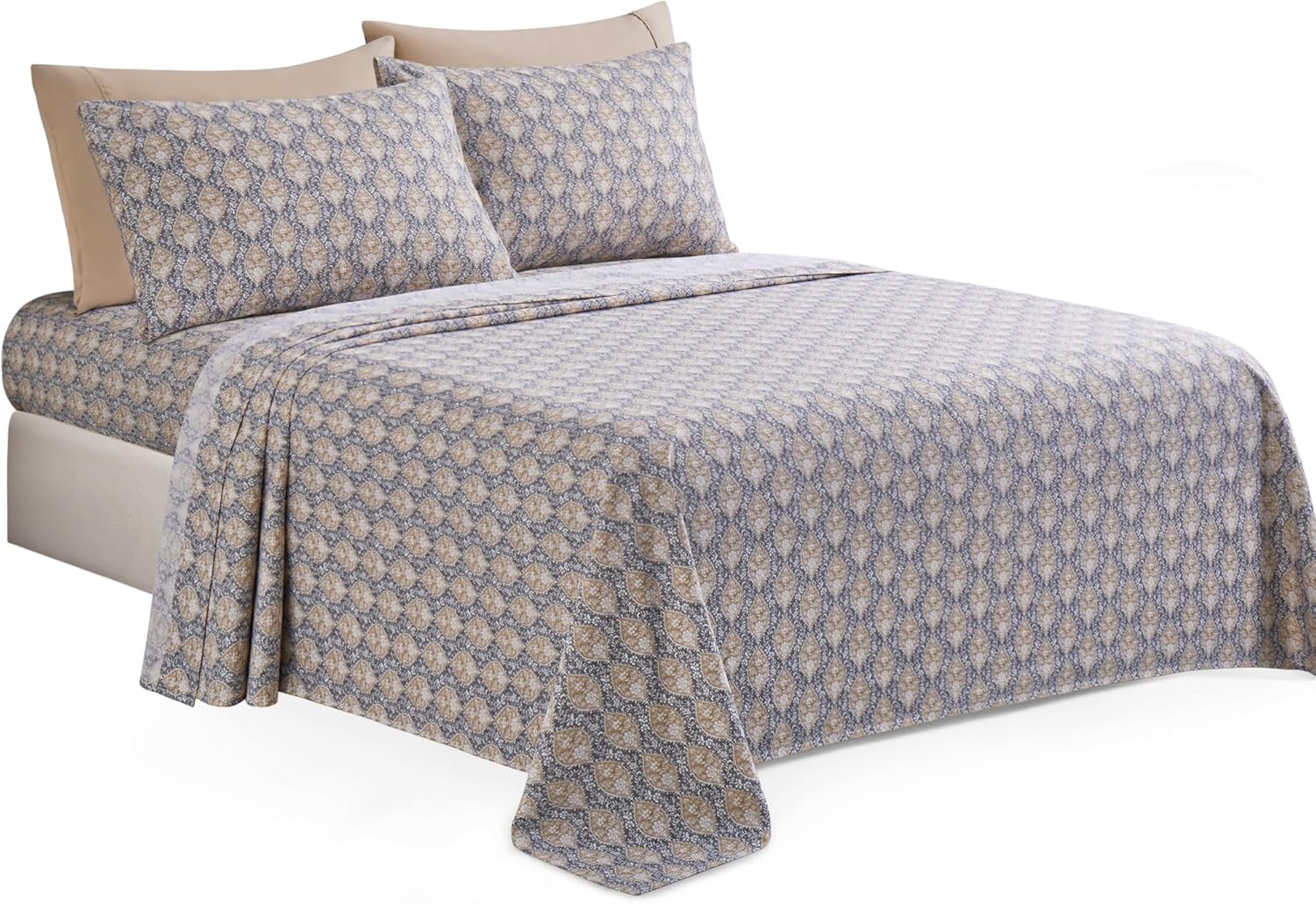 Decorkart Ultra Soft Silky Deep Pocket Rich Printed Bedding Rayon from Bamboo All Season 6 Pieces Sheet Set with 4 Pillowcases, Taupe Grey Floral Pattern