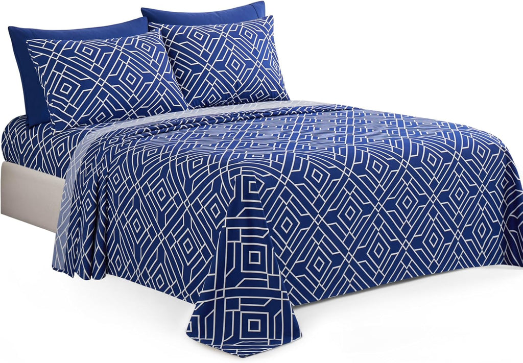 Decorkart Ultra Soft Silky Deep Pocket Rich Printed Bedding Rayon from Bamboo All Season 6 Pieces Sheet Set with 4 Pillowcases, Blue Geometric Pattern