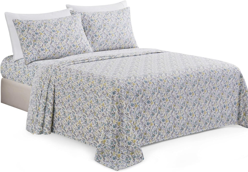 Decorkart Ultra Soft Silky Deep Pocket Rich Printed Bedding Rayon from Bamboo All Season 6 Pieces Sheet Set with 4 Pillowcases, Teal Yellow Floral Pattern