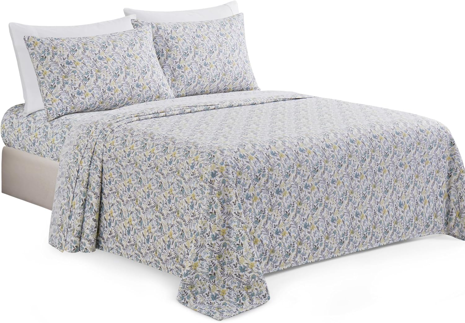 Decorkart Ultra Soft Silky Deep Pocket Rich Printed Bedding Rayon from Bamboo All Season 6 Pieces Sheet Set with 4 Pillowcases, Teal Yellow Floral Pattern