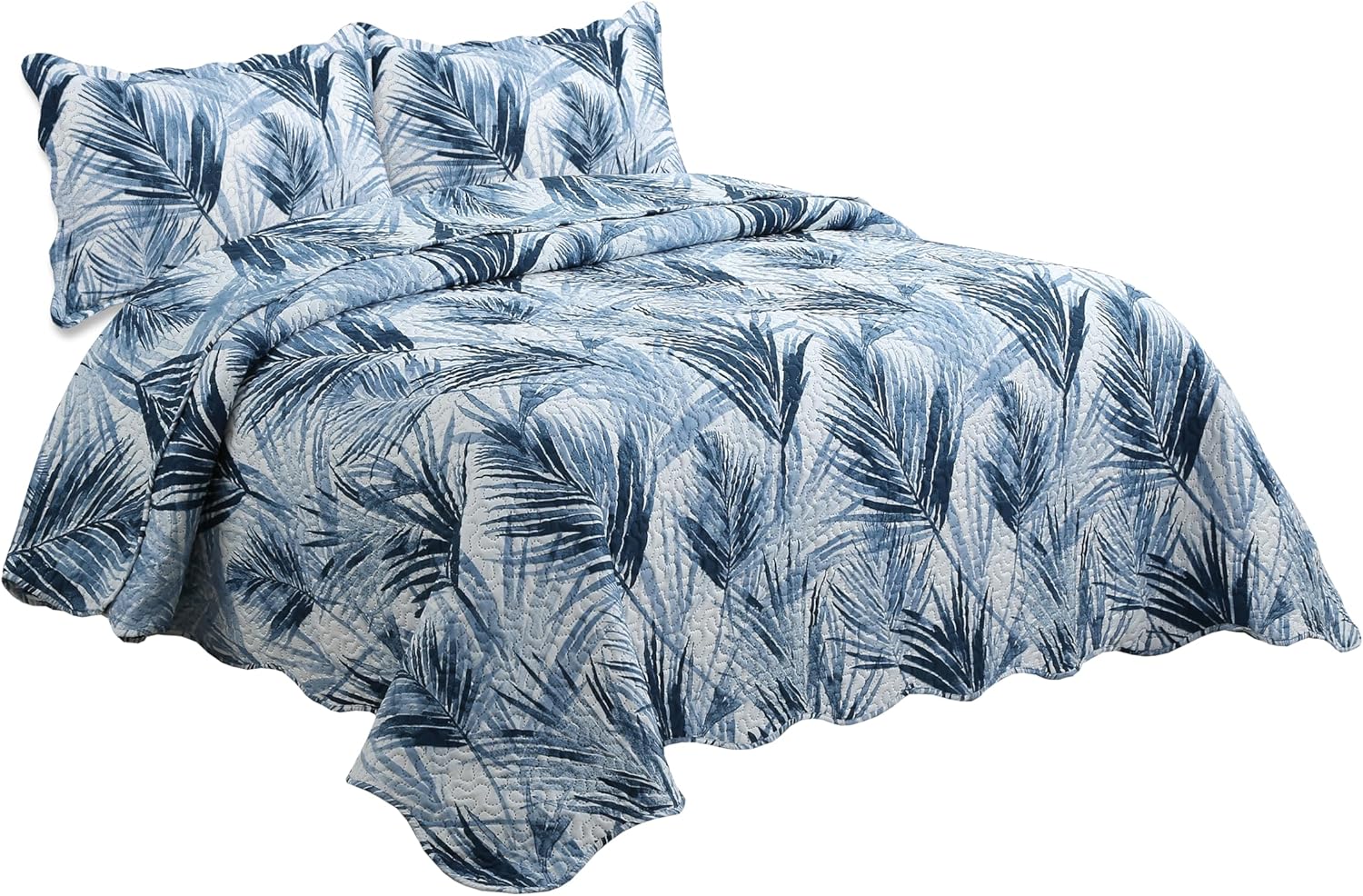 Decorkart Rich Printed Embossed Pinsonic Coverlet Bedspread Ultra Soft 3 Piece Summer Quilt Set with 2 Quilted Shams, Modern Blue Leaves Pattern