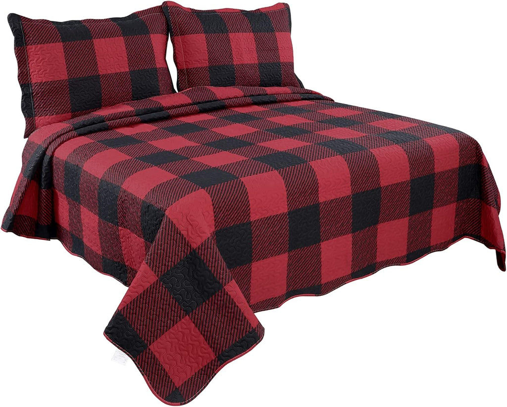 Decorkart Rich Printed Embossed Pinsonic Coverlet Bedspread Ultra Soft 3 Piece Summer Quilt Set with 2 Quilted Shams, Red Black Plaid Pattern