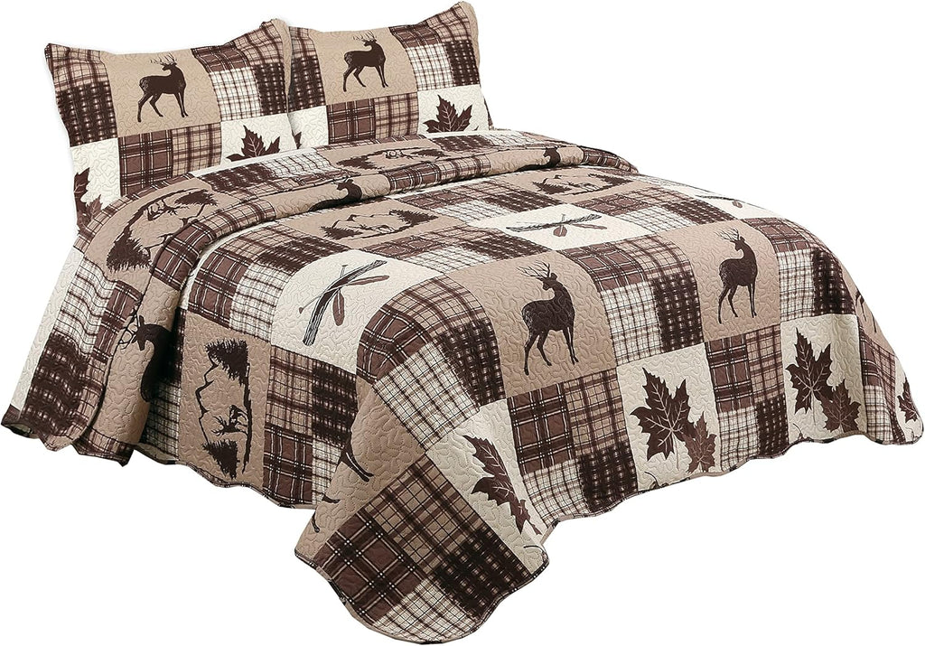 Decorkart Rich Printed Embossed Pinsonic Coverlet Bedspread Ultra Soft 2 Piece Summer Quilt Set with 1 Quilted Sham, Brown Cabin Maple Deer Plaid Pattern