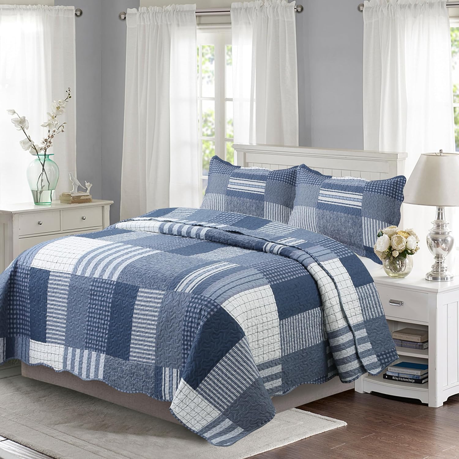 Decorkart Rich Printed Embossed Pinsonic Coverlet Bedspread Ultra Soft Home Bedding 3 Piece Summer Quilt Set with 2 Embossed Shams, Navy White Plaid Pattern