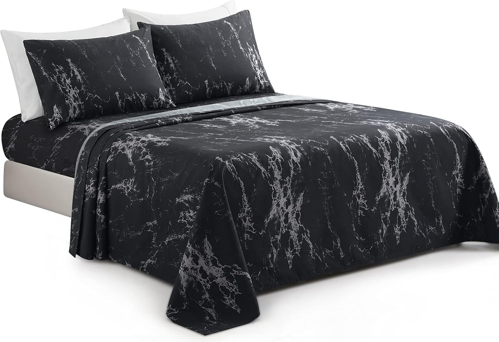 Decorkart Ultra Soft Silky Deep Pocket Rich Printed Bedding Rayon from Bamboo All Season 6 Pieces Sheet Set with 4 Pillowcases, Modern Black Marble Pattern