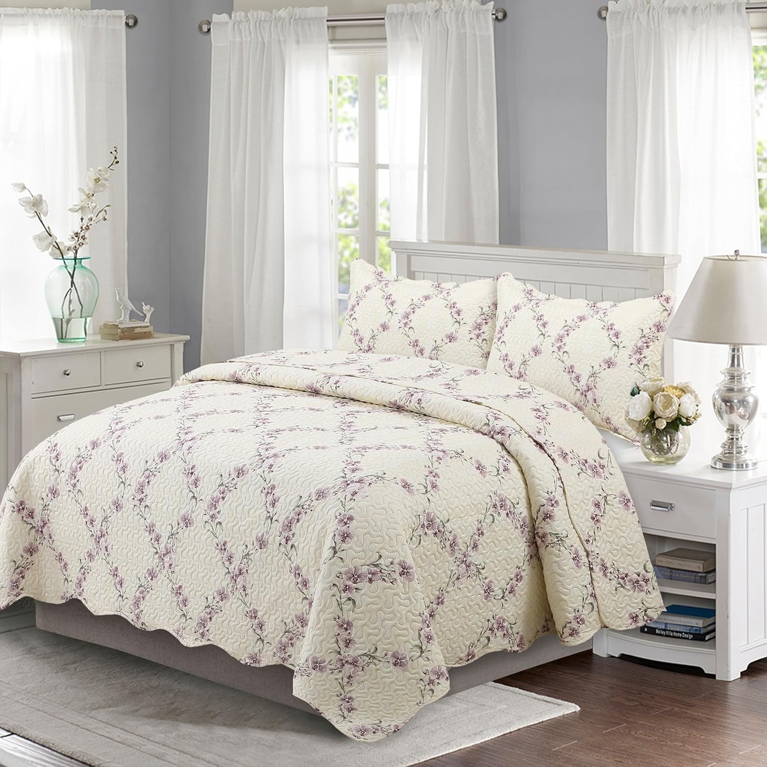 Decorkart Rich Printed Embossed Pinsonic Coverlet Bedspread Ultra Soft Home Bedding 2 Piece Summer Quilt Set with 1 Embossed Sham, Purple Orchid Cream Pattern