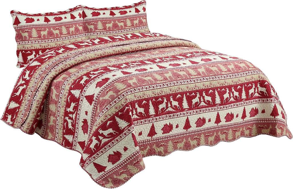 Decorkart Rich Printed Embossed Pinsonic Coverlet Bedspread Ultra Soft Home Bedding 3 Piece Summer Christmas Quilt Set with 2 Quilted Shams, Cabin Red Goat Pattern