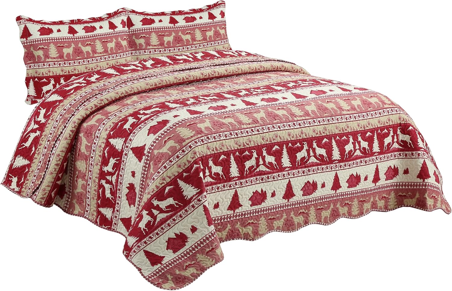 Decorkart Rich Printed Embossed Pinsonic Coverlet Bedspread Ultra Soft Home Bedding 3 Piece Summer Christmas Quilt Set with 2 Quilted Shams, Cabin Red Goat Pattern
