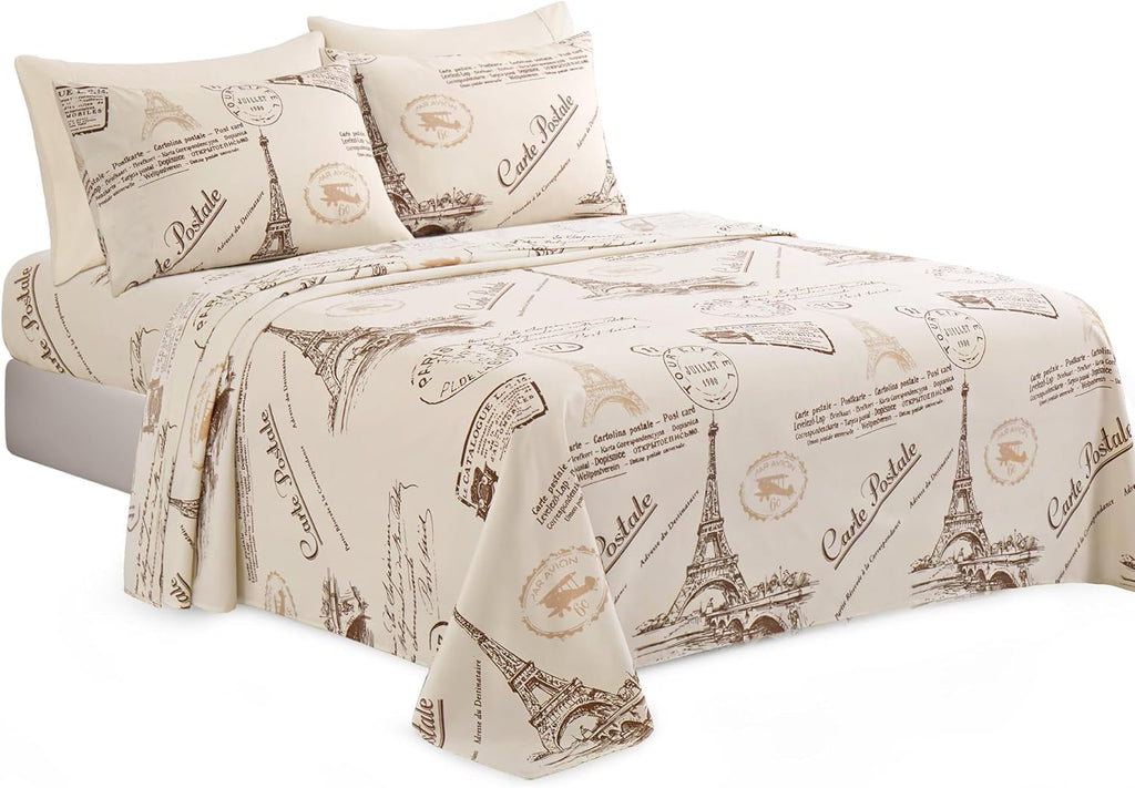 Decorkart Ultra Soft Silky Deep Pocket Rich Printed Bedding Rayon from Bamboo All Season 6 Pieces Sheet Set with 4 Pillowcases, Eiffel Tower Ivory Pattern
