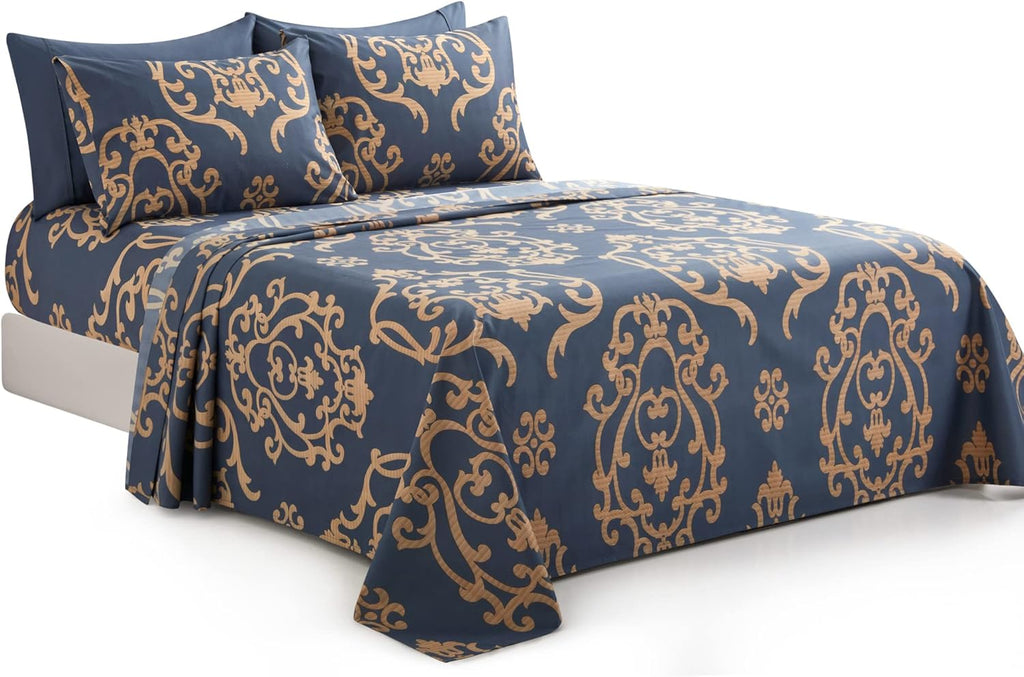 Decorkart Ultra Soft Silky Deep Pocket Rich Printed Bedding Rayon from Bamboo All Season 6 Pieces Sheet Set with 4 Pillowcases, Gold Damask Navy Blue Pattern