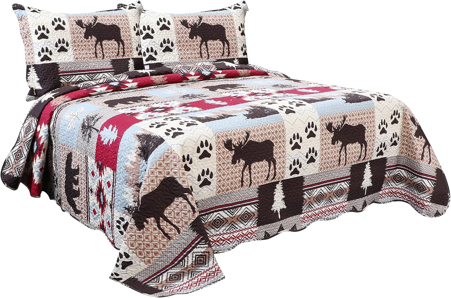 Decorkart Rich Printed Embossed Pinsonic Coverlet Bedspread Ultra Soft 3 Piece Summer Quilt Set with 2 Quilted Shams, Cabin Moose Bear Pattern