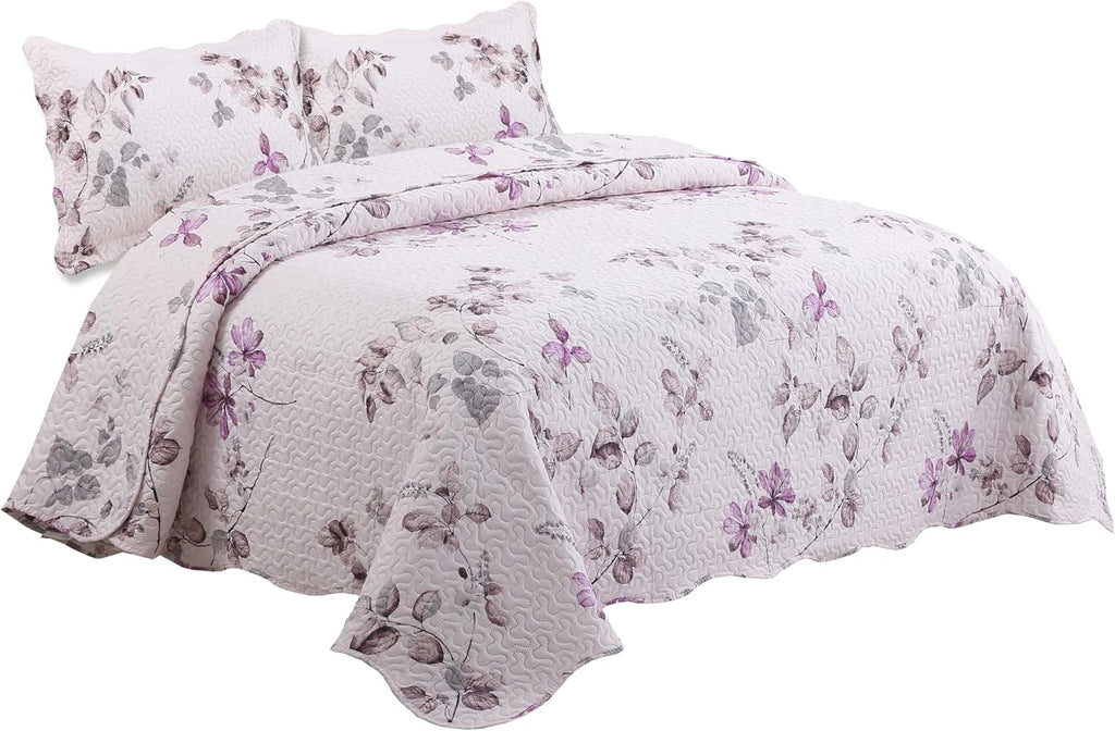 Decorkart Rich Printed Embossed Pinsonic Coverlet Bedspread Ultra Soft Home Bedding 3 Piece Summer Quilt Set with 2 Embossed Shams, Purple Leaves Pink Pattern