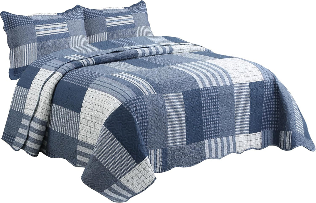 Decorkart Rich Printed Embossed Pinsonic Coverlet Bedspread Ultra Soft Home Bedding 3 Piece Summer Quilt Set with 2 Embossed Shams, Navy White Plaid Pattern