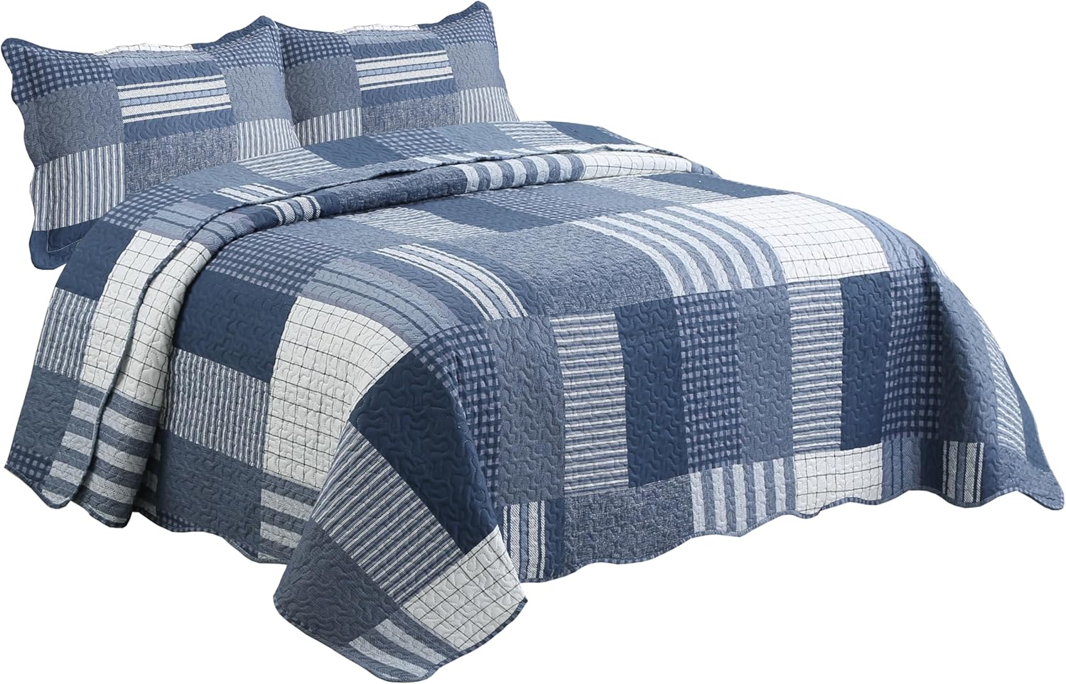 Decorkart Rich Printed Embossed Pinsonic Coverlet Bedspread Ultra Soft Home Bedding 3 Piece Summer Quilt Set with 2 Embossed Shams, Navy White Plaid Pattern