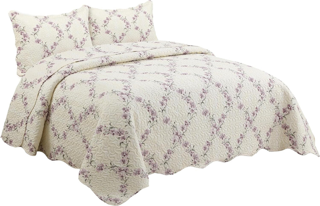 Decorkart Rich Printed Embossed Pinsonic Coverlet Bedspread Ultra Soft Home Bedding 2 Piece Summer Quilt Set with 1 Embossed Sham, Purple Orchid Cream Pattern