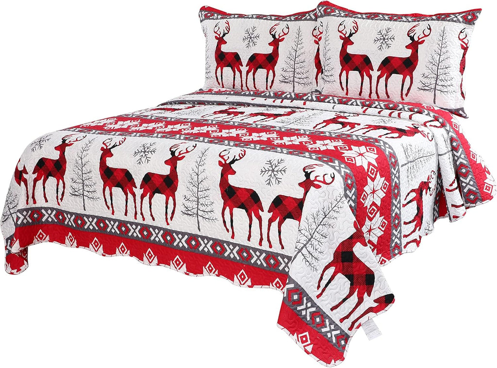 Decorkart Rich Printed Embossed Pinsonic Coverlet Bedspread Ultra Soft 3 Piece Summer Christmas Quilt Set with 2 Quilted Shams, Xmas Snowflake and Deer Pattern