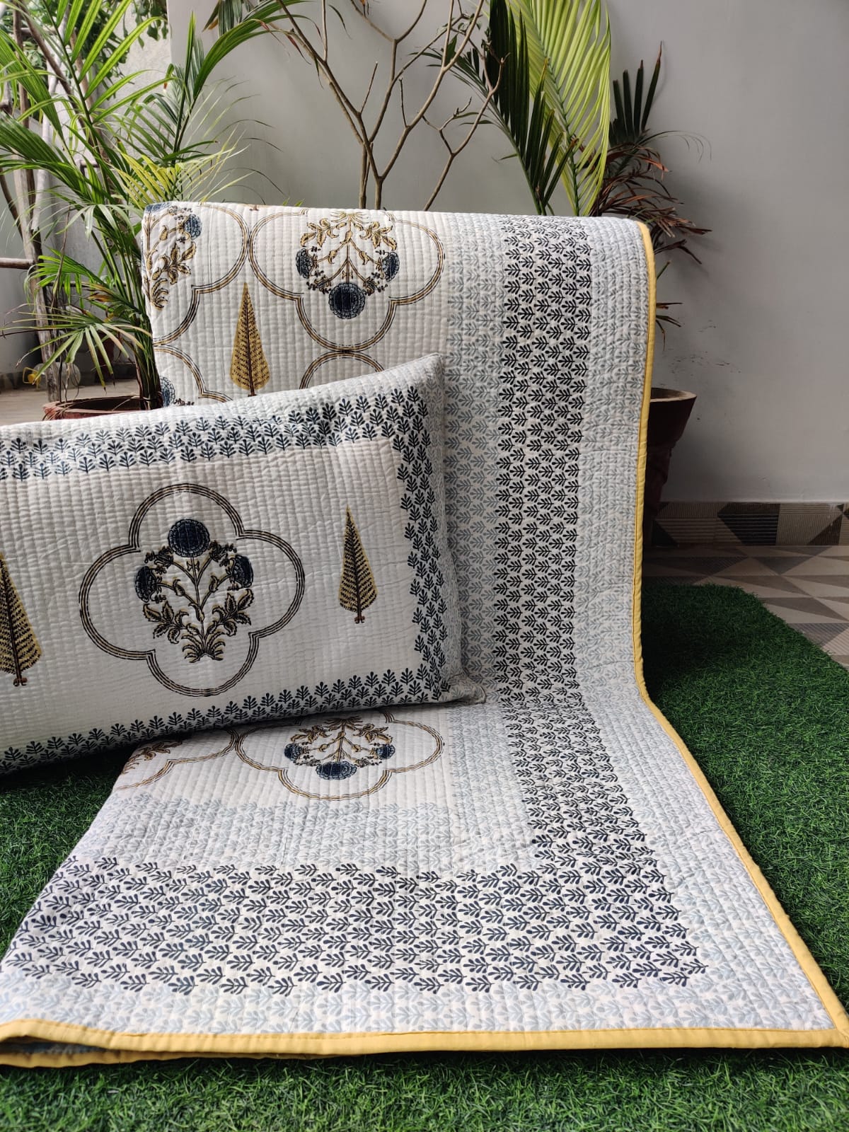 Monarch Collection Quilted Bedcover Set – Mustard, White and Blue