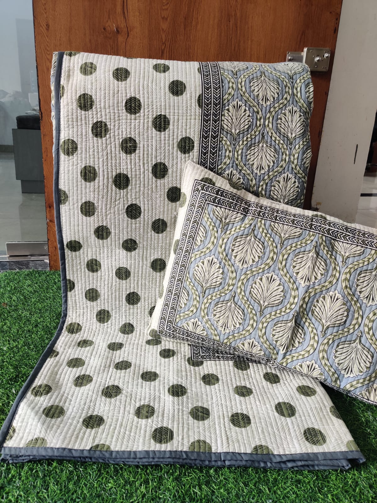 Monarch Quilted Cotton Bedcover with 2 Pillow Covers – Blue & Green