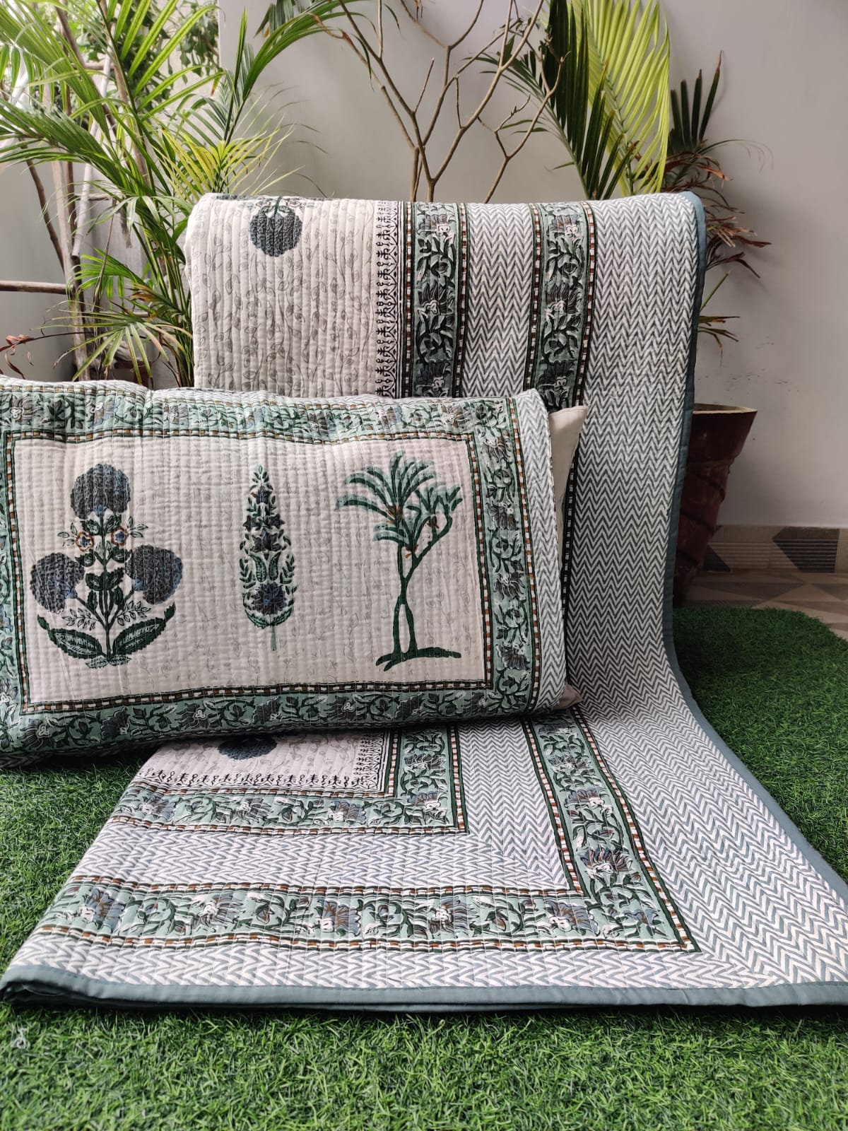 Quilted Bedcover Set – Nature-Inspired Motifs in Warm Earth Tones – Sage Green & White