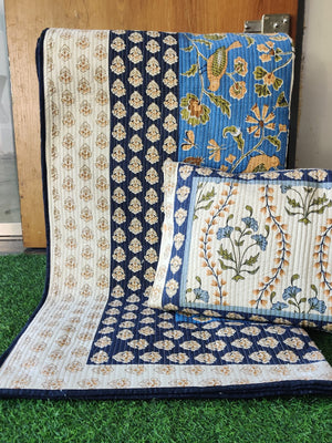 Quilted Cotton Bedcover Set with Pillow Covers – Beige & Blue